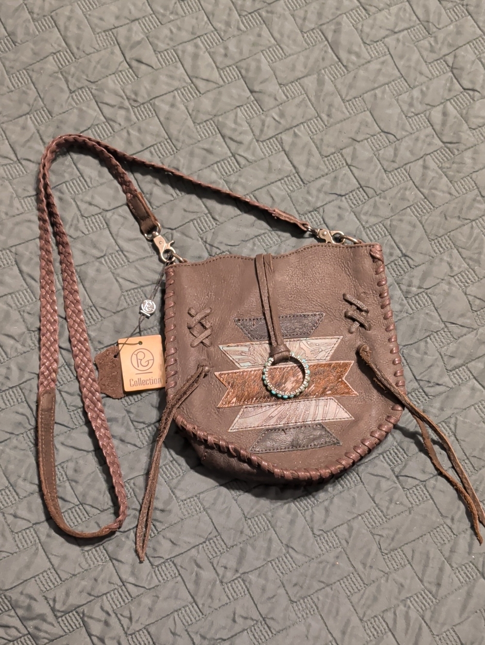 Brown Leather Crossbody Bag with Aztec Accent
